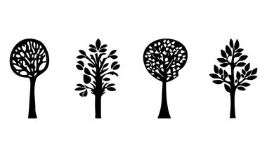 Vektör scandi biçimindeki linocut ağaç tasarım elementleri. Siyah ve beyaz orman sembol grubu