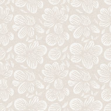 Kaba ve zarif düğün çiçekleri desenli keten desenli. Beyaz tondaki beyaz pamuk rengi çiçek arkaplanının her yerinde