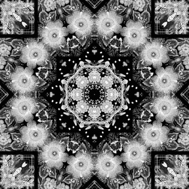 Zarif bir kadınsı tarzda karmaşık siyah beyaz dantelli çiçek deseni. Tekrarlanabilir dantelli tek renkli eşarp izi