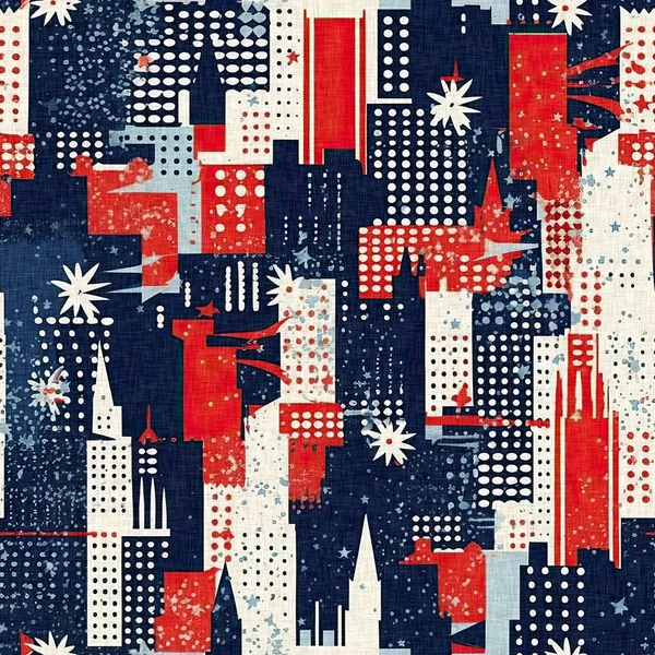 伝統的な赤 青の色で7月4日独立記念日の都市パターンのシームレスな 現代ウサスタイリッシュなプリントのための休日の装飾 夏の自由グラフィックと米国の背景 — ストック写真