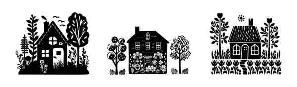 Set Rustic Cottage Motif Homestead Vintage Style Vector Illustration Whimsical — Stock Vector