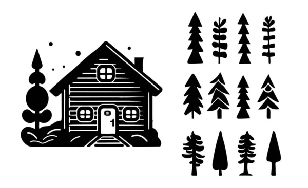 stock vector Set of log cabin and alpine fir tree vector illustrations. Masculine outdoor travel in nordic linocut chalet in Scandinavian holiday group.