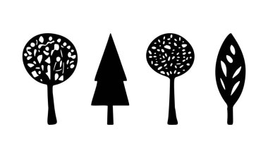 Vektör scandi biçimindeki linocut ağaç tasarım elementleri. Siyah ve beyaz orman sembol grubu