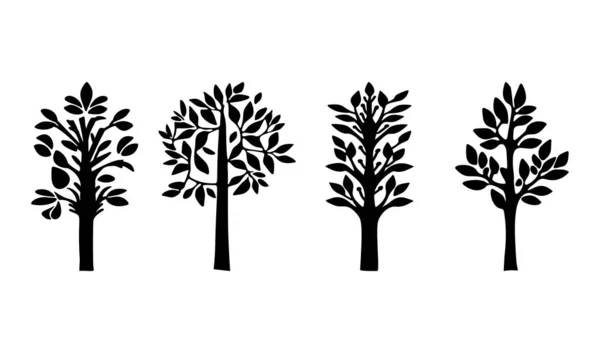 Linocut Tree Design Elements Vector Scandi Style Set Black White — Stock Vector