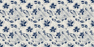 Erkeksi çivit çiçekli, keten desenli, dikişsiz kenar. Her yerde lacivert pamuk baskısı çiçek linocut kumaş afiş
