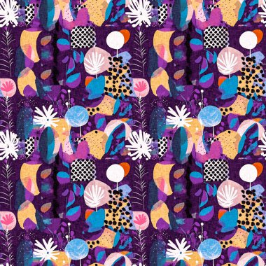 Modern mor yazlık kolaj kağıdı kumaş efekti tasarımı ile şekilleri keser. Kusursuz eğlence doğası moda tekstil temizleme arka planı için ilham kaynağı oldu