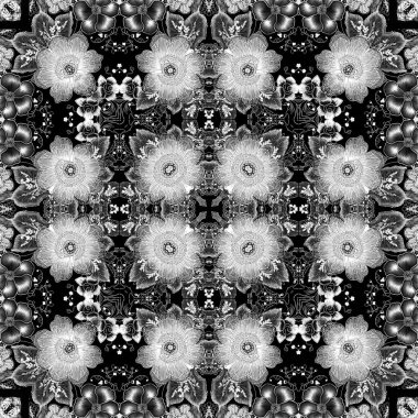 Zarif bir kadınsı tarzda karmaşık siyah beyaz dantelli çiçek deseni. Tekrarlanabilir dantelli tek renkli eşarp izi