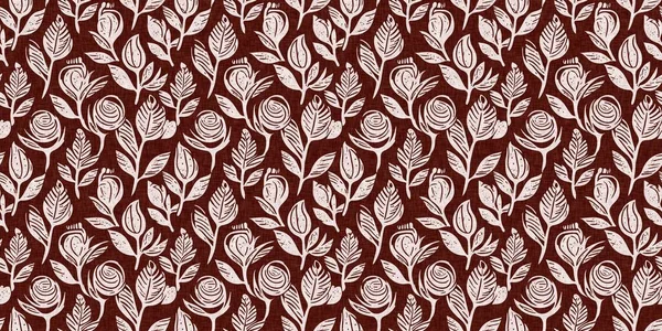 Marrón Rojo País Floral Blockprint Lino Borde Sin Costuras Impresión —  Fotos de Stock