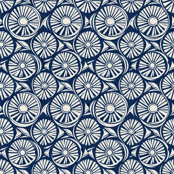 Stock image Masculine indigo floral blockprint linen seamless pattern. All over print of navy blue cotton effect flower linocut fabric background