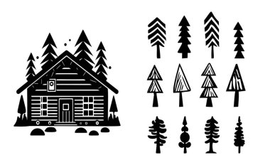 Set of log cabin and alpine fir tree vector illustrations. Masculine outdoor travel in nordic linocut chalet in Scandinavian holiday group. clipart