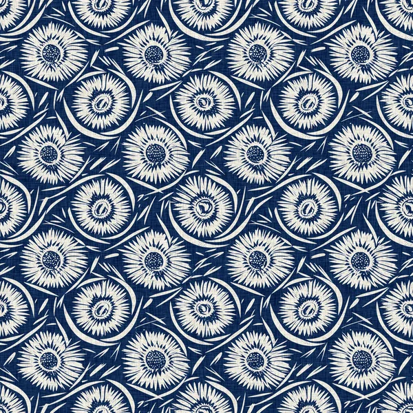 stock image Masculine indigo floral blockprint linen seamless pattern. All over print of navy blue cotton effect flower linocut fabric background