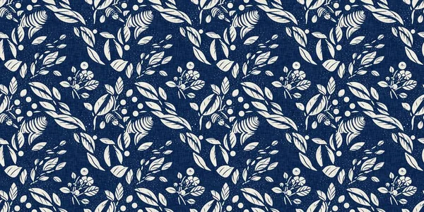 Masculine Indigo Floral Blockprint Linen Seamless Border All Print Navy — Stock Photo, Image