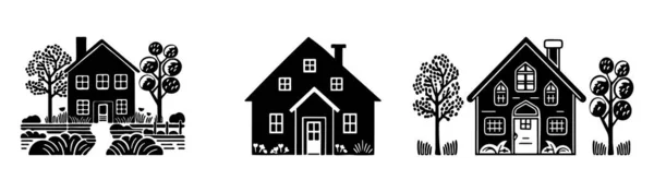 Ensemble Motif Rustique Cottage Dans Style Vintage Homestead Illustration Vectorielle — Image vectorielle