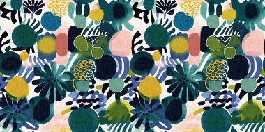 Modern saf kolaj kağıdı kumaş efekti tasarımıyla sınırı keser. Kusursuz çağdaş eğlence doğası moda yaz süslemeleri için tekstil baskısı tekrarından esinlenmiştir