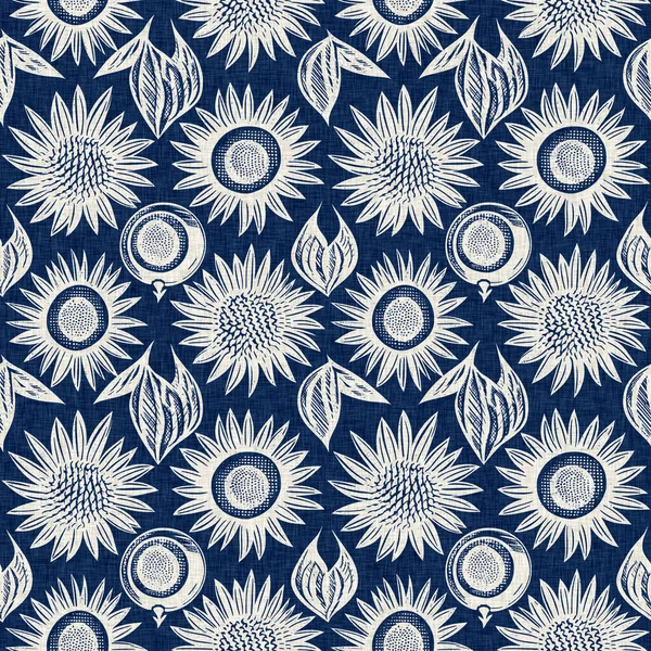 Maskulin Indigo Floral Blockprint Linen Pola Mulus Semua Atas Cetak — Stok Foto