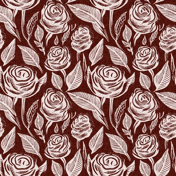 Marrón Rojo País Floral Blockprint Lino Patrón Sin Costuras Impresión — Foto de Stock