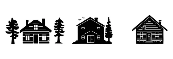 Set Log Cabin Alpine Fir Tree Vector Illustrations Masculine Outdoor — Stock Vector