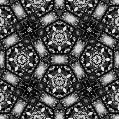 Zarif bir kadınsı tarzda karmaşık siyah beyaz dantelli çiçek deseni. Tekrarlanabilir dantelli tek renkli eşarp izi