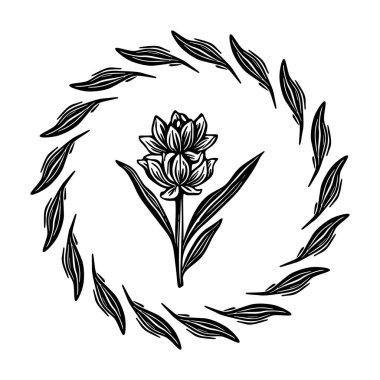 Linotip çiçekli çerçeve kaprisli vektör çizimi. Tuhaf yeşillik grafiğinin el yapımı tasarımı