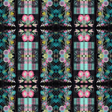 Çingene tarzı Boho folklorik çiçek deseni. Siyah ve kırmızı gotik moda renkleriyle tekrarlanabilir kumaş efekti