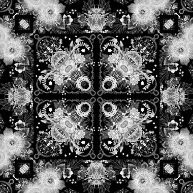 Zarif bir kadınsı tarzda karmaşık siyah beyaz dantelli çiçek deseni. Tekrarlanabilir dantelli tek renkli eşarp izi