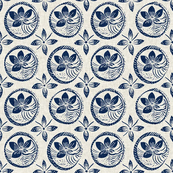 Masculine Indigo Floral Blockprint Linen Seamless Pattern All Print Navy — Stock Photo, Image