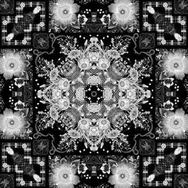 Zarif bir kadınsı tarzda karmaşık siyah beyaz dantelli çiçek deseni. Tekrarlanabilir dantelli tek renkli eşarp izi