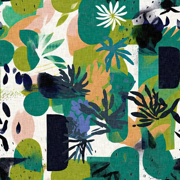 stock image Modern naive collage paper cut out shapes pattern with fabric effect design. Seamless contemporary fun nature inspired textile print repeat for trendy summer background designs