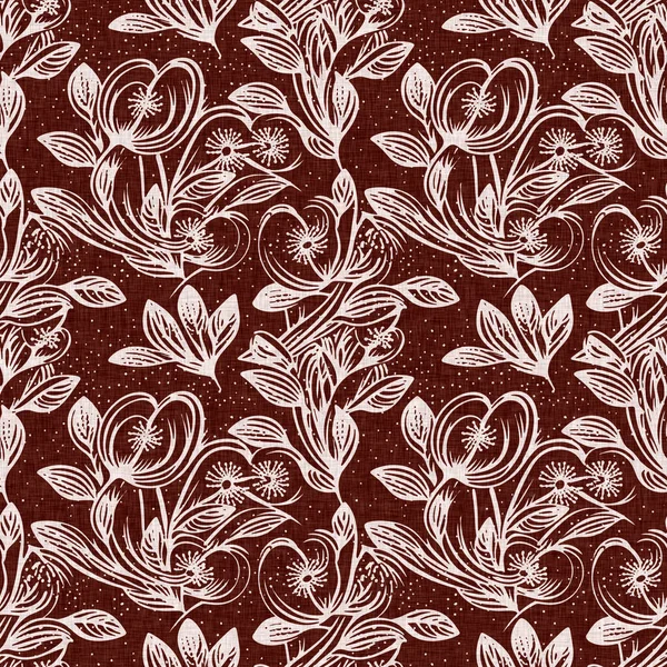 Maroon Vermelho País Floral Padrão Blockprint Linho Sem Costura Allover — Fotografia de Stock