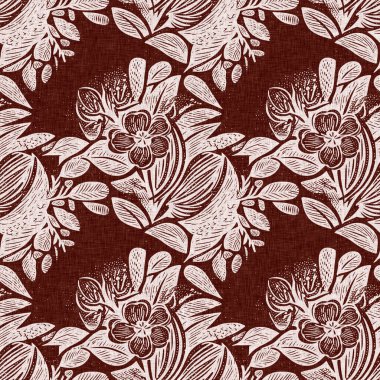 Kestane kırmızısı, çiçekli, desensiz keten desenli. Fransız kır evinin iç kısmının allover baskısı. İç pamuk etkisi çiçek kumaşı arka plan