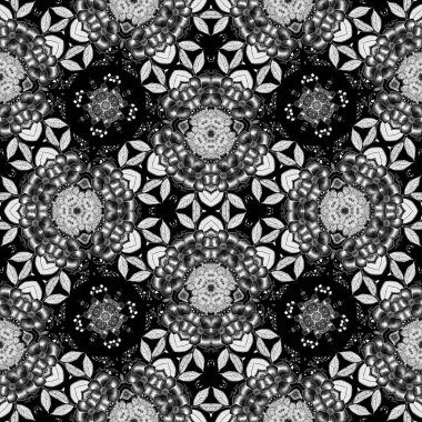 Zarif bir kadınsı tarzda karmaşık siyah beyaz dantelli çiçek deseni. Tekrarlanabilir dantelli tek renkli eşarp izi