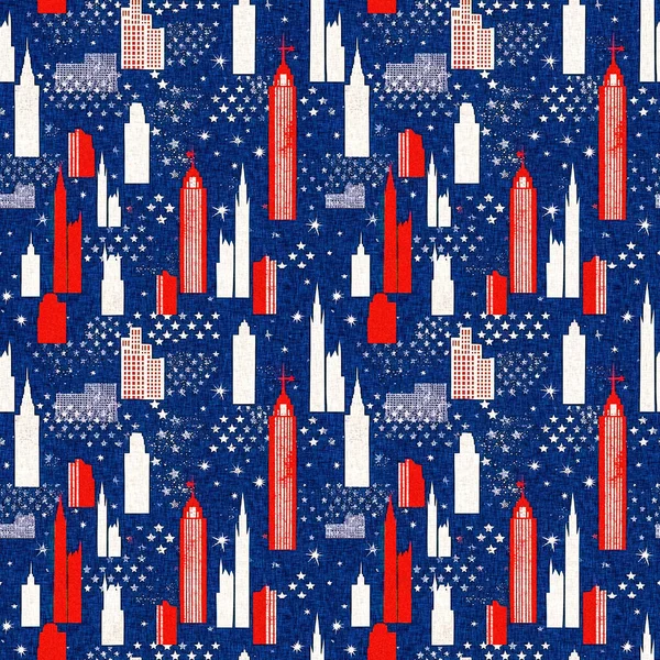 stock image Seamless 4th of July cityscape pattern in traditional red, white and blue colors. Modern usa stylish print for holiday decor, summer liberty graphic and united states background