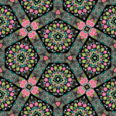 Çingene tarzı Boho folklorik çiçek deseni. Siyah ve kırmızı gotik moda renkleriyle tekrarlanabilir kumaş efekti