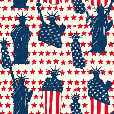 Geleneksel kırmızı, beyaz ve mavi renklerde 4 Temmuz Özgürlük Heykeli. Tatil dekorasyonu, yaz özgürlüğü grafikleri ve Amerika Birleşik Devletleri arka planı için modern ABD stil baskısı