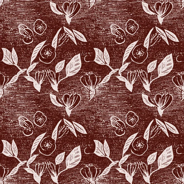 マルーンレッド国花ブロックプリントリネンシームレスパターン フランスのコテージの恋人印刷インテリア綿効果花の生地の背景 — ストック写真