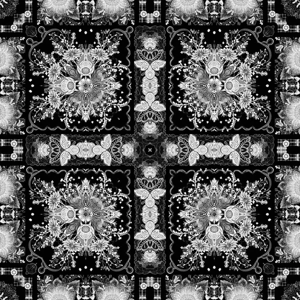 エレガントなフェミニンなスタイルで黒と白のレース民俗花のパターンを紹介します 繰り返しヴィンテージレースモノクロ効果スカーフ Print — ストック写真