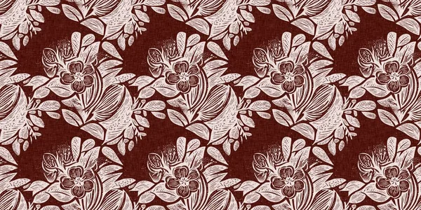 Marrón Rojo País Floral Blockprint Lino Borde Sin Costuras Impresión —  Fotos de Stock