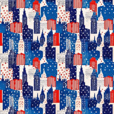 4 Temmuz 'un kusursuz şehir düzeni geleneksel kırmızı, beyaz ve mavi renklerle. Tatil dekorasyonu, yaz özgürlüğü grafikleri ve Amerika Birleşik Devletleri arka planı için modern ABD stil baskısı