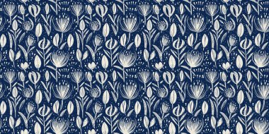 Erkeksi çivit çiçekli, keten desenli, dikişsiz kenar. Her yerde lacivert pamuk baskısı çiçek linocut kumaş afiş