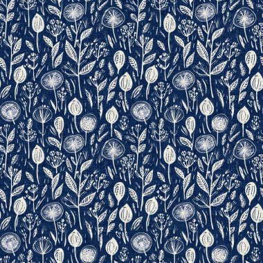 Erkeksi çivit çiçekli engelli keten desenli kumaş. Üzerinde lacivert pamuk baskısı çiçek linocut kumaş arkaplan