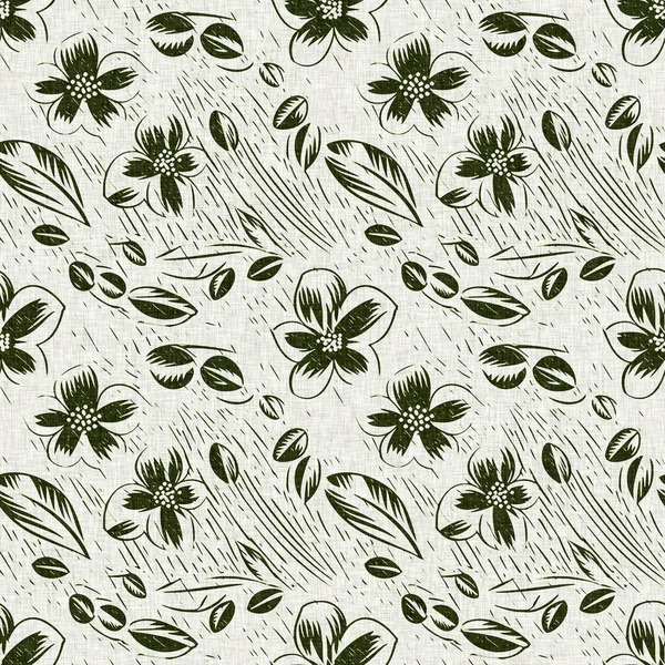 Forest Green Country Floral Blockprint Linen Seamless Pattern Allover Print — Stock Photo, Image