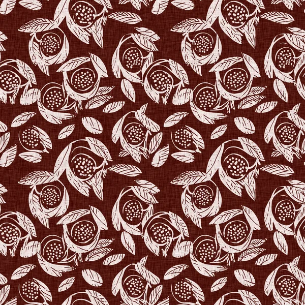 stock image Maroon red country floral blockprint linen seamless pattern. Allover print of French cottage interior cotton effect flower fabric background