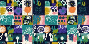 Modern saf kolaj kağıdı kumaş efekti tasarımıyla sınırı keser. Kusursuz çağdaş eğlence doğası moda yaz süslemeleri için tekstil baskısı tekrarından esinlenmiştir