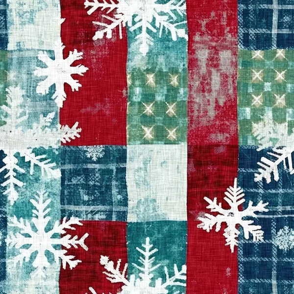 Grunge Christmas Sneeuwvlok Rood Blauw Wit Huisje Stijl Achtergrond Patroon — Stockfoto
