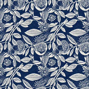 Erkeksi çivit çiçekli engelli keten desenli kumaş. Üzerinde lacivert pamuk baskısı çiçek linocut kumaş arkaplan