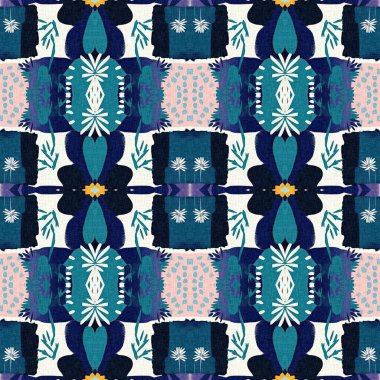 Kumaş efektli modern yama şablonu deseni. Kusursuz çağdaş yorgan modadan esinlenilmiş yazlık arka plan tasarımları için tekstil baskısı