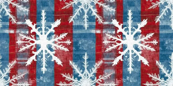 stock image Grunge americana Christmas snowflake red blue white cottage style seamless border. Festive distress cloth effect for cozy winter home decor