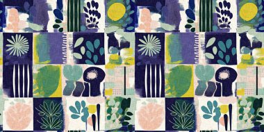 Modern saf kolaj kağıdı kumaş efekti tasarımıyla sınırı keser. Kusursuz çağdaş eğlence doğası moda yaz süslemeleri için tekstil baskısı tekrarından esinlenmiştir