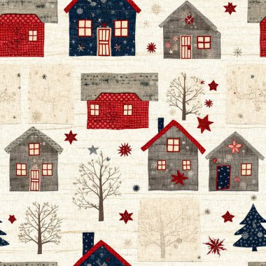 İlkel el dikimi kumaş efektiyle taşralı bir kır evi. Konforlu nostaljik, pejmürde, şık, ev yapımı Amerikan kış el sanatları tarzı, kusursuz desenli.