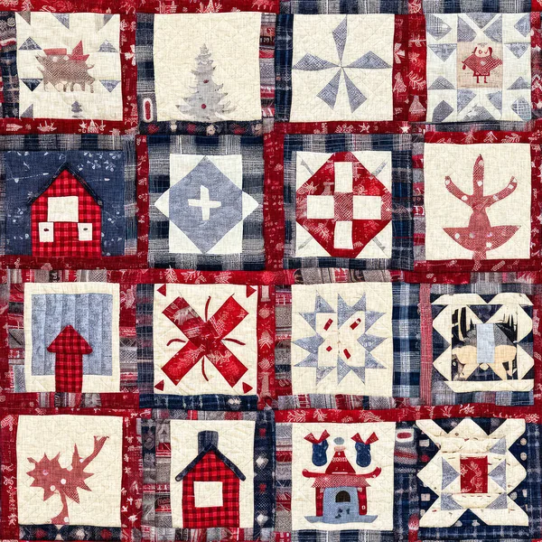 stock image Rustic country christmas cottage with primitive hand sewing fabric effect. Cozy nostalgic shabby chic homespun americana winter handmade crafts style seamless pattern